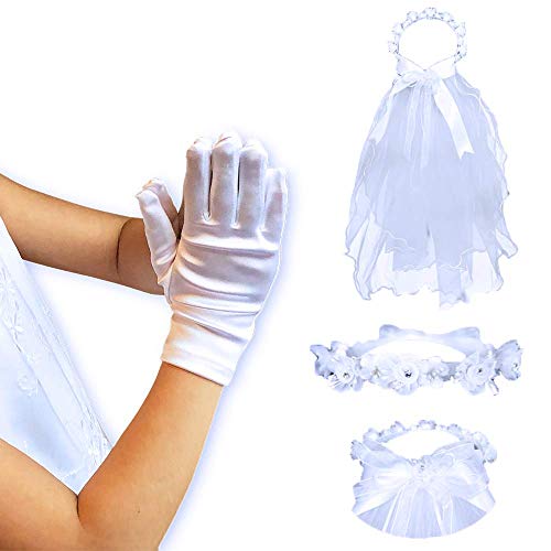 First Communion Bundle | Glove and Floral Pearl Veil Set | Catholic Girls Accessory Kit | Christian Apparel (Medium)