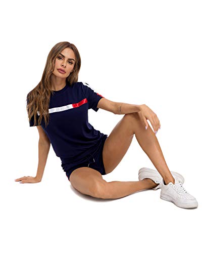 TOP-MAX Women's 2 PCS Tracksuit Round Neck Long Sleeve Top Stripe Long Pants Jumpsuit Outfits Set for Sport - Thumbnail 2
