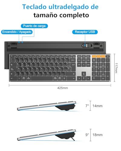 OMOTON Wireless Bluetooth Keyboard + 2.4GHz, Metal Case, Multi-Device Silent Spanish QWERTY Keyboard, Rechargeable Backlit Keyboard for Windows/Mac, Office and Study, Grey Black