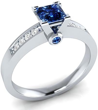 14k White Gold Plated Alloy 0.65ct Princess Cut Created Blue Saphire &amp; Created Simulated Diamonds Engagement Wedding Solitaire Ring (Free Size 4 to 11)