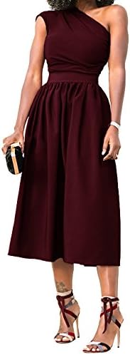 JUSICA Womens Red Casual Vintage Sleeveless One Shoulder Elegant Cute Ruffle Tunic Work Dress For Women Wine Red,Medium