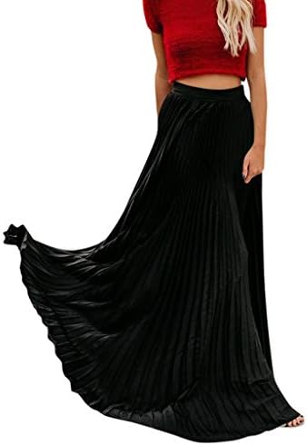 Womens High Waist Fold Soild Vintage Loose Beach Wrap Pleated Maxi Long Skirt