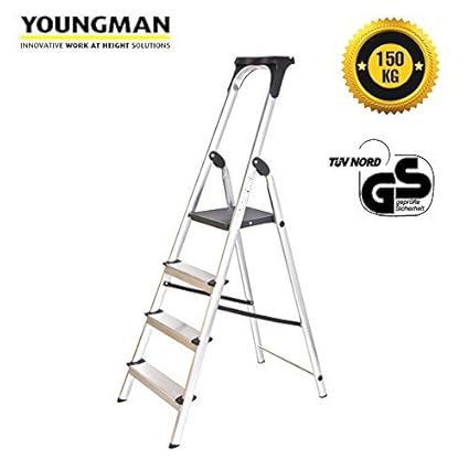 Youngman Wide 4 Step Foldable Aluminium Ladder (4.8ft.) Including Upper Tool Tray for Home & Commerical Use with 5 Year Warranty Capacity Upto (150kgs)