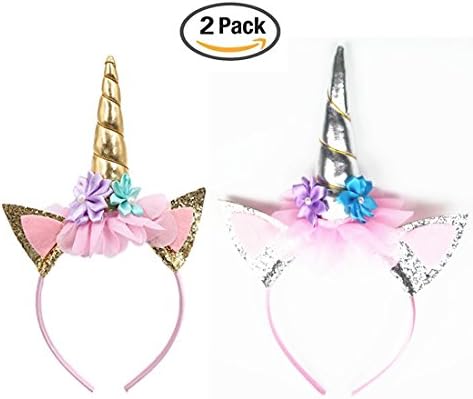 Oexper 2 Pack Glitter Unicorn Horn Headband, Flowers Ears Headbands for Party Decoration or Cosplay Costume (Silver + Gold)