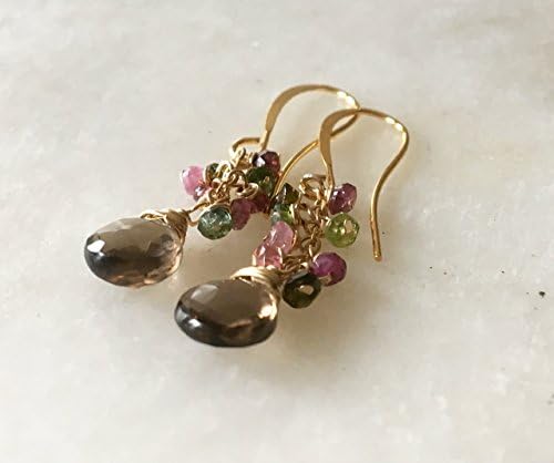 Watermelon Tourmaline and Smoky Topaz Earrings, 14K Gold Plated