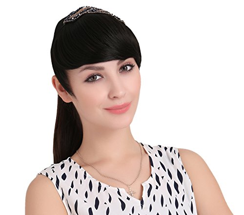SARLA Synthetic Hairpieces False Bangs Clip-In Bangs Side Swept Bangs Extension B2 (2# Natural Black)
