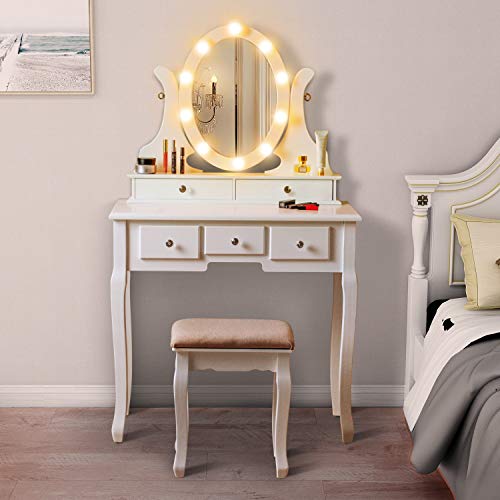 LED Vanity Table with 360° Rotating Oval Makeup Mirror,5 Drawers,Removable Top Organizer Multi-Functional Writing Desk Padded Stool with Cushioned Stool (White)