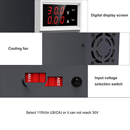 UNIROI DC Available Power Supply, 0-30V/0-10A Adjustable Power Supply with 3-Digit LED Display, Alligator Clip Leads (Banana Plug and Spade Lugs), Input Power Cord UC3010