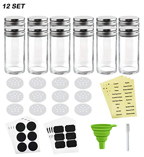 Nellam French Round Glass Spice Jars â€“ Set of 12 with Shaker Lids and Chalkboard Sticker Labels, Small 4oz Bottles - Stackable Herbs and Spices Containers - Decorative Organizers in Silver