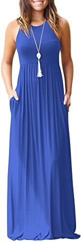 Idingding Long Maxi Dress, Womens Casual A-Line Summer Beach Sleeveless Tank Top Long Dresses, Sleeveless Blue, M