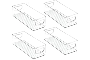 mDesign Small Plastic Office Storage Container Bins with Handles for Organization in Filing Cabinet, Closet Shelf, or Desk Drawers, Organizer for Notes, Pens, Pencils, Ligne Collection, 4 Pack - Clear