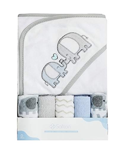 Softan Baby Hooded Towel Bath Towel and Washcloths, Extra Soft and Ultra Absorbent, 5+1 Gift Pack for Newborn and Infants, Elephant