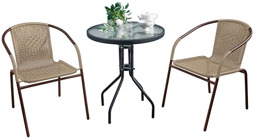 リビングアウト(Living Out) ラタン調ガーデンテーブルセットII 3点セット チェア2脚 スタッキング可能 ガラステーブル スタッキング可能 テラス ガーデンファニチャー カフェテーブル 新型 お手軽コーディネイト パウダーコーティング マット仕上げ スチール製フレーム 滑り止め付 ガラス天板 パラソル用ホール商品画像