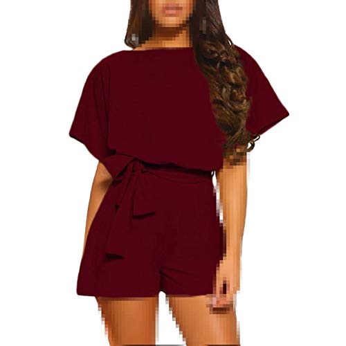 Sunyastor Womens Short Sleeve One Piece Jumpsuit Cocktail Romper Pant Suit Clubwear Straight Leg Jumpsuit with Belt (B Wine, X-Large) - Thumbnail 7