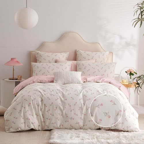 Freyamy Mädchen Bettwäsche 200x220 Baumwolle Rosa Blumen Bettwäsche Set