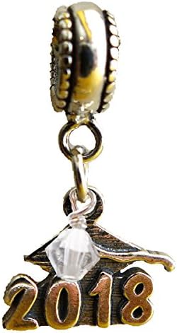 Graduation Cap 2018 April Clear Birthstone Sterling Silver Dangle Charm Bead