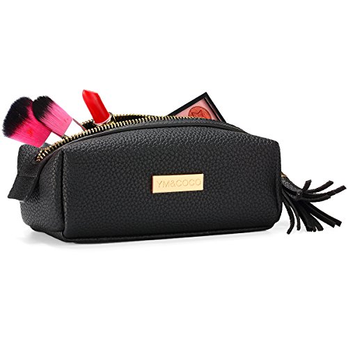 Makeup Bag YM&COCO Cosmetic Bag for Purse Pencil Case Pouch Leather Handy Organizer with Tassel Heavy Duty Zips for Lipstick, Brushes, Mascara Basic Cosmetics Black - 4 Colors for Choice