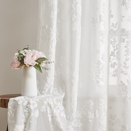 Treatmentex Sheer Curtains with Eyelets, Set of 2 Modern Curtains with Leaf Print, White Curtains for Living Room, Bedroom and Dining Room, 140 x 245 cm
