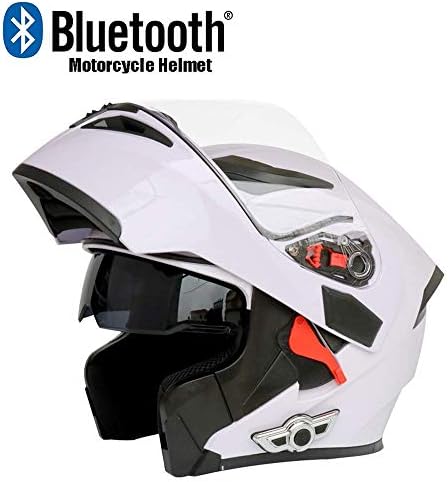 RANR Modular Motorcycle Helmet Motorcycle Bluetooth Helmet Stereo Sound Quality Uncovering Helmet with Horn and Anti-fog Lens Modular Flip Bluetooth Travel Helmet,White,XL