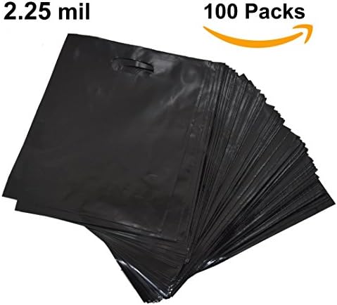100 12x15 Merchandise Shopping Bags With Die Cut Handles | Black Extra Thick 2.25 mil LDPE Plastic Bag | Perfect for Retail Stores, Gifts, Promotion, Party Favors | 100% Recyclable