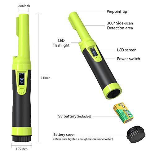 VOLADOR Portable Metal Detector, IP68 Fully Waterproof Pinpointer with LCD Display, Handheld Pin Pointer, Treasure Finder Unearthing Tool with Lanyard, Holster, 9V Battery