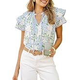 Womens Floral Patchwork Boho Top Ruffle Flutter Sleeve Shirt Y2k Peplum Babydoll Blouses Summer Streetwear