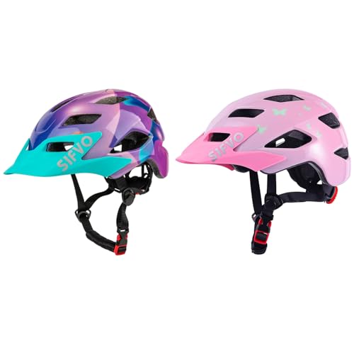 2 Pack Kids Helmet, SIFVO Boys and Girls Bike Helmet with Cool Visor Helmet for Kids 5-14, Adjustable & Lightweight 50-57cm(Purple+Pink Butterfly)
