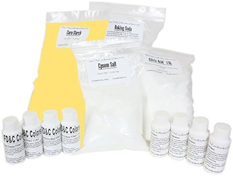 Complete Bath Bomb Starter Kit, 2 lbs. Baking Soda, 1 Lb. Citric, 1 lb. Corn Starch, 1 lb. Epsom Salt, 4 x 1 oz. fragrances, 4 x 1 oz. FD&C = Strawberry Red, Lemon Yellow, Sky Blue, Mint Green. Molds not included. by candlemakers