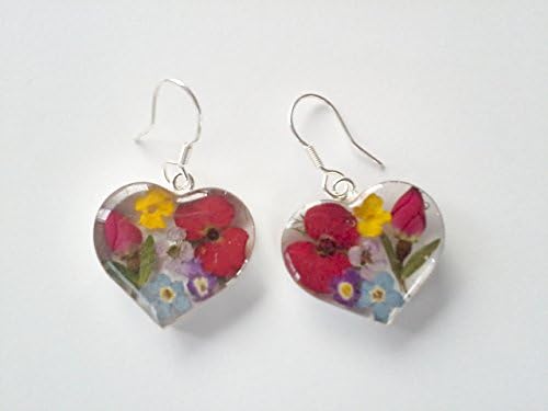 925 Silver heart Dry Pressed Flowers Dangle Earrings Multicolors
