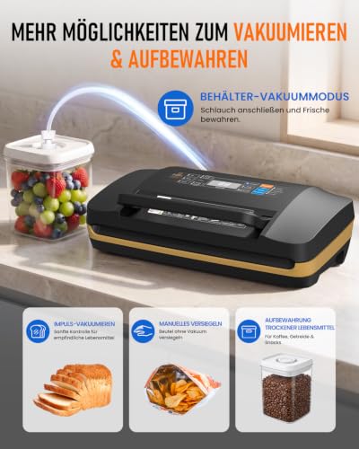 AbleMark Vakuumiergerät für Lebensmittel, 95 kPa Profi Vakuumierer 18-in-1, doppelte Schweißnaht, Folienschweißgerät & Einschweißgerät mit Cutter, Rollenfach, Trocken-/Feucht-Modus für Sous Vide