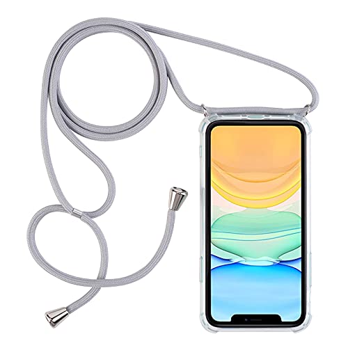 PuYu Zhe Compatible With iPhone 12/12 Pro Case,Clear Transparent TPU Silicone Shell,Crossbody Slim Stylish Shockproof Cover,Adjustable Neck Cord Lanyard-Gray