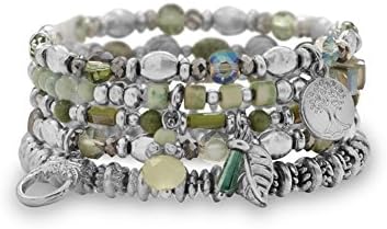Set of Six Stretch Bracelets Green and Silver-tone Stacking