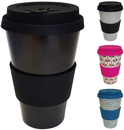 Bamboo Reusable Coffee Cup – 400ml – Leak Proof Lid, Eco Friendly & Dishwasher Safe - Heat Proof Silicone Sleeve – The Best Travel Mug Bamboo – Grey – by Opus Living (Black)