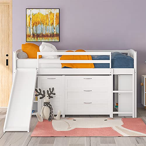 Low Loft Bed with Slide and Storage Twin Loft Bed Frame with