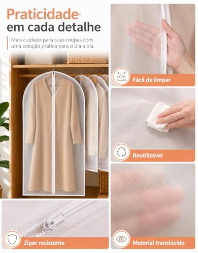 kit 5 Capa Protetora para Roupas com Zíper Transparente 60x120cm – Anti Poeira, Anti Mofo, para Terno, Vestido, Casaco, Jaqueta e Guarda-Roupa (5)