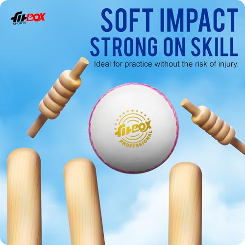 FitBox Sports Polyurethane (Pu), Blend, Rubber Professional Ball Pack of 2 Cricket Balls | 130gm Cricket Balls for Indoor & Outdoor - White/Black 3