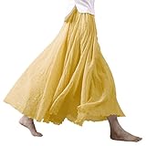 Ezcosplay Women Bohemian Cotton Linen Double Layer Elastic Waist Long Maxi Skirt (95CM, Yellow)