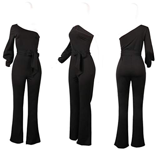 VLUNT Women's Elegant One Shoulder Jumpsuit Slit Long Sleeve High Waisted Wide Leg Long Pants Romper with Belt - Thumbnail 2