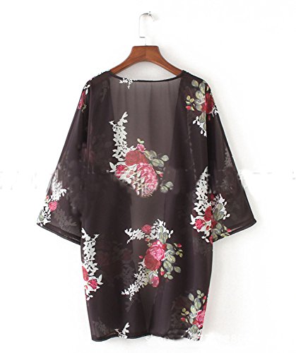 Women Floral Loose Kimono Chiffon Coat Cardigan Boho New Jacket Blouse (2XL, Grey)