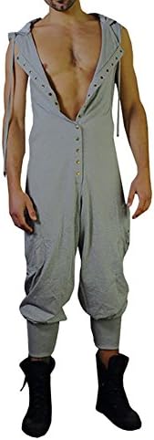 Styou Men's Button Sleeveless Hoodie Jumpsuit Summer Casual Romper Overalls,Gray,Medium