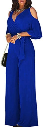 Gobought Women's Sexy Deep V-Neck Cold Shoulder Long Wide Leg Jumpsuit Rompers.,Blue,X-Large
