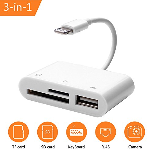 3 in 1 SD Card Reader, Lightning SD/TF Micro SD Card Reader with USB 2.0 OTG Interface Adapter Cable for iPhone & iPad & Camera Viewer