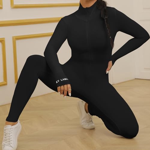 ECHOINE WOMENS ONE PIECE BODYCON JUMPSUIT -SEXY LONG SLEEVE HIGH WAIST EMBROIDERY ZIPPER ROMPER CLUBWEAR
