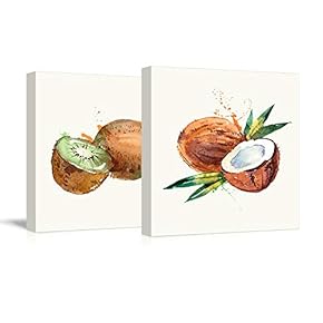 2 Panel Square Canvas Wall Art - Coconut and Kiwi Watercolor | Fruits Watercolor Art and Illustrations - Giclee Print Gallery Wrap Modern Home Art Ready to Hang - 12"x12" x 2 Panels