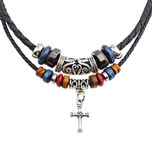 PopJ Charm Tiny Alloy Cross Pendant Tribal Braided Leather Rope Courage Necklace Adjustable