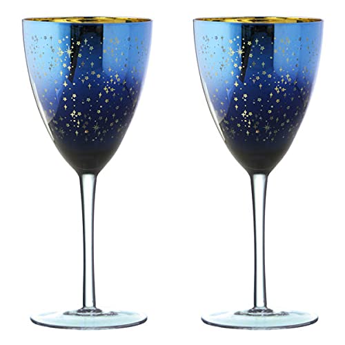 ARTLAND - Set of 2 Galaxy Wine Glasses - Space Inspired Wine Glasses - Mouth Blown Glassware - Galaxy Blue and Gold
