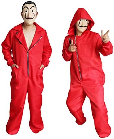 Cosplaybar Dali Red Jumpsuit Hoodie Oufit with Mask Halloween Cosplay Costume M