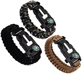 Outdoor Survival Bracelet Paracord Bracelets The ULTIMATE Tactical Survival Gear,Flint Fire Starter,Whistle,Compass &amp; Scraper/Knife| BEST Wilderness Survival-Kit For Camping/Fishing &amp; Mor 3Pcs
