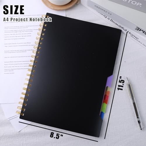 Koogel Project Notebook, A4 Notebook with Dividers Hardcover Ruled Notebook 5 Subject Notebook for School Office Black