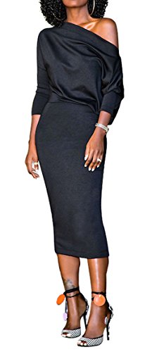 Bigyonger Women's Sexy One Off Shoulder Stylish Ruched Bodycon Midi Party Dresses